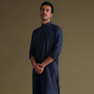 Navy Blue Thread-Embroidered Festive Kurta In Silk